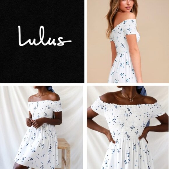 Santa Monica Pier Blue and White Print Off-the-Shoulder Dress - Picture 1 of 16